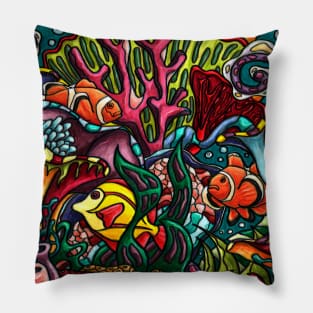 Bright Coral reef and tropical fish underwater art Pillow