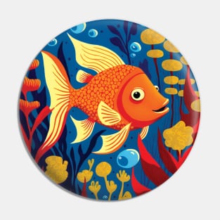 Cute Goldfish swimming in the sea with brightly coloured Seaweed Pin