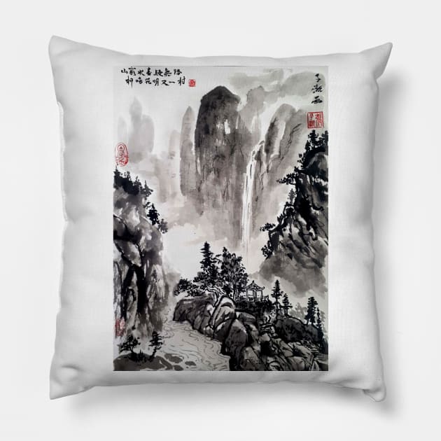 Chinese painting landscape; mountain and water Pillow by Huluhua