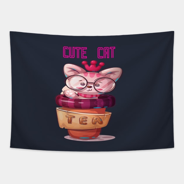 Cute Cat Animal Design Tapestry by JeffDesign