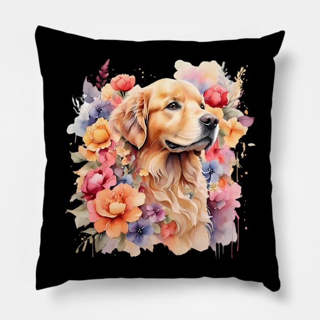 A golden retriever decorated with beautiful watercolor flowers Pillow by CreativeSparkzz