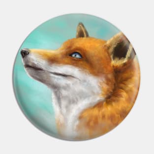 Painting of a Red Fox Looking to the Left with Turquoise Background Pin