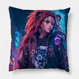 Lion woman portrait cyber art Pillow