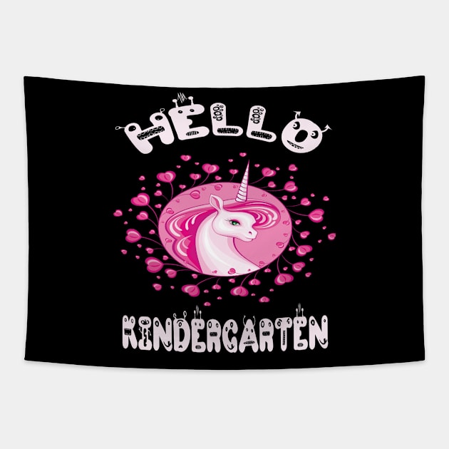 Hello Kindergarten Colorful Unicorn Back-To-School Preschool Design Tapestry by familycuteycom