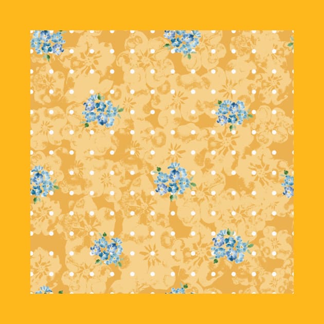 Watercolour Blue Forget Me Nots on Yellow Abstract Floral with Polka Dots by Jaana Day