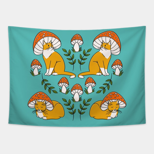 Cute Orange Mushroom Cats Tapestry by Tamara Lance