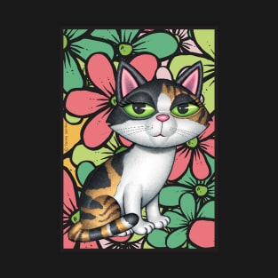 Cute Calico Kitty Cat with multi colored flowers T-Shirt