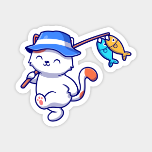 Cute Cat Fishing With Rods And Hat Magnet