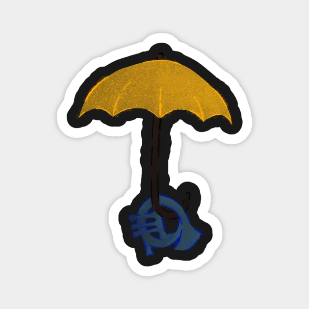 Yellow umbrella and blue horn - black Magnet by Uwaki