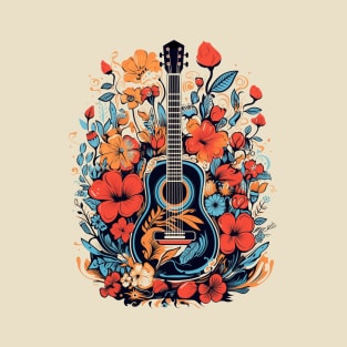 Acoustic Guitar Retro Red Roses Orange Poppies Nature Groovy T-Shirt