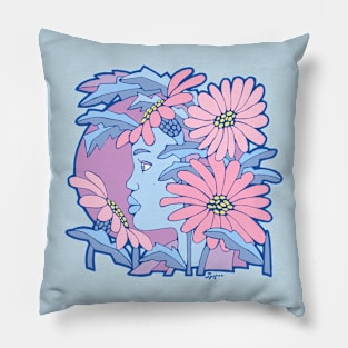 Large pastel daisies and a woman in profile Pillow