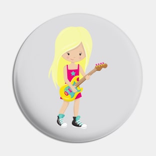 Rock Girl, Blonde Hair, Guitar Player, Band, Music Pin