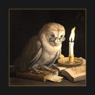 Owl with spectacles, candle and books. T-Shirt