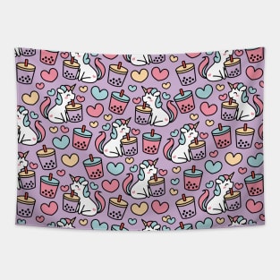 Cute Unicorn Sipping Bubble Tea - Kawaii Boba Pattern Tapestry