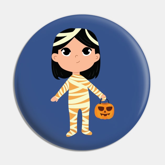 Halloween Kid dressed as mummy holding Pumpkin Pin by holidaystore