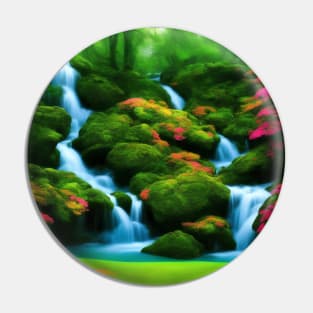 Ai Generated Art Scenery - Colourfull Mystical Forest With River Flowing Down A Lush Green Hill Pin