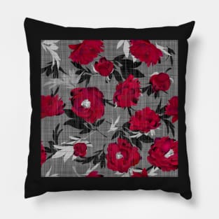 Red peonies on a gray linen structure Pillow