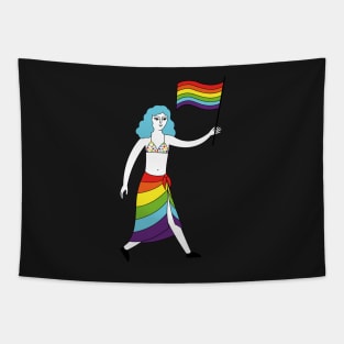 Transgender man with with rainbow gay pride flag Tapestry