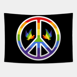 Rainbow Peace Symbol with Rainbow Doves Tapestry