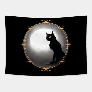 Mysterious black cat full moon in dark atmosphere with stars frame Tapestry