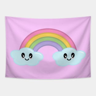 Kawaii Cute Happy Rainbow and Clouds in Pink Tapestry