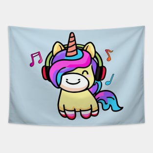 Happy smiling baby unicorn with headphones. Kawaii cartoon Tapestry