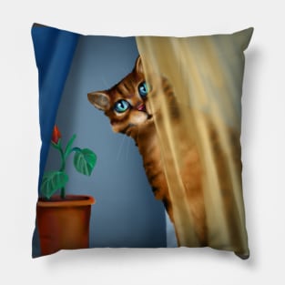 the cat looks out from behind the curtain Pillow