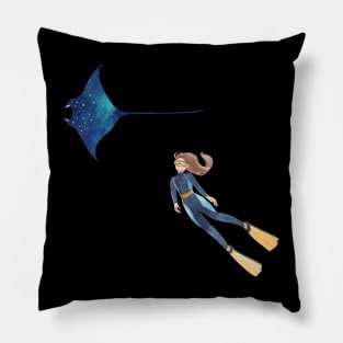 diver observes a stingray, minimalistic graphics for diving addict Pillow