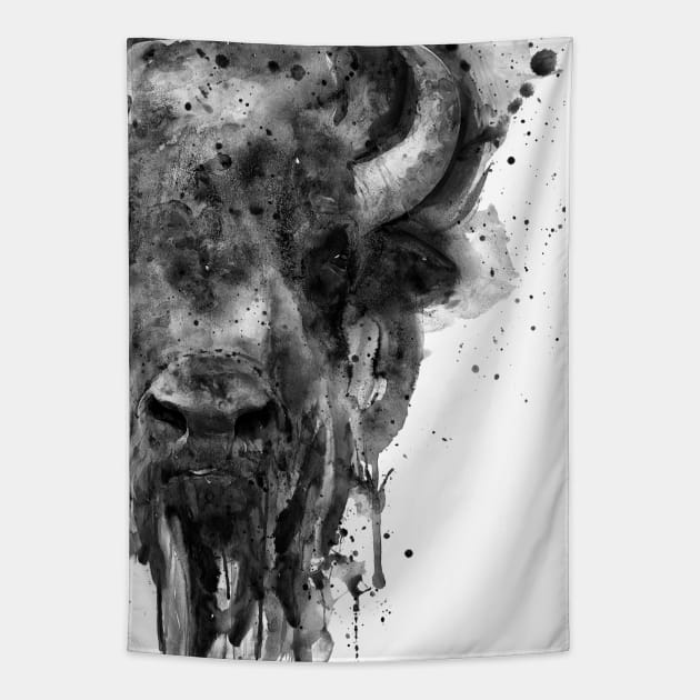 Black and White Watercolor-Half Faced Buffalo Tapestry by Marian Voicu