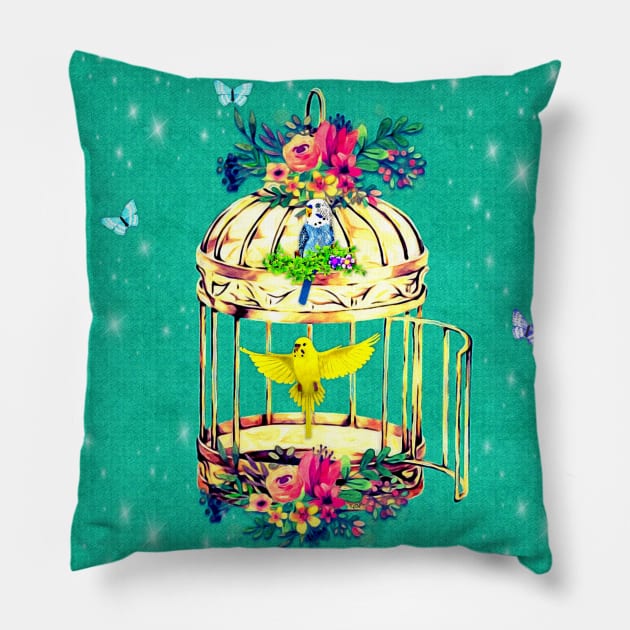 Bird Cage and Budgerigars aka Parakeets Pillow by KC Morcom aka KCM Gems n Bling aka KCM Inspirations