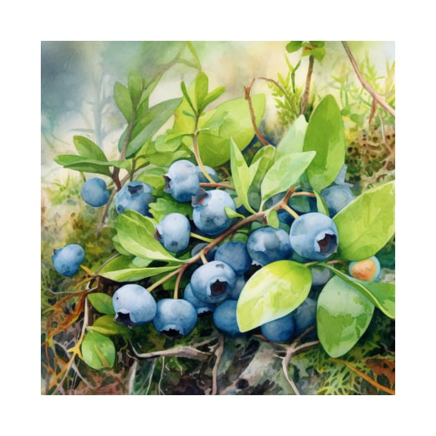 Wild Blueberries in a Forest Watercolor by Chris Castler