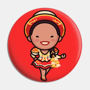 Cute Bolivian Dancer in Traditional Clothing Cartoon Pin