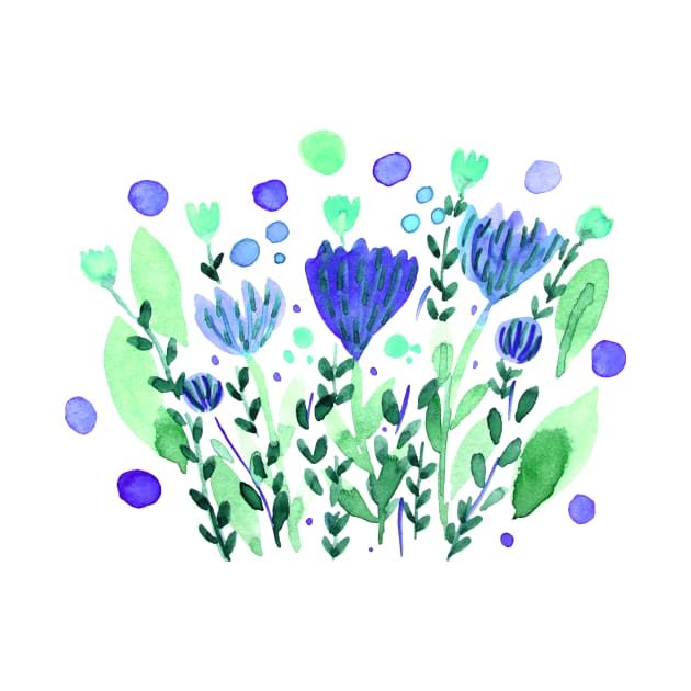 Watercolor whimsical flowers - blue and green by wackapacka