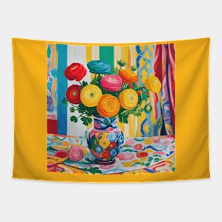 Colorful Ranunculus Blossoms in a Matching Vase Tapestry