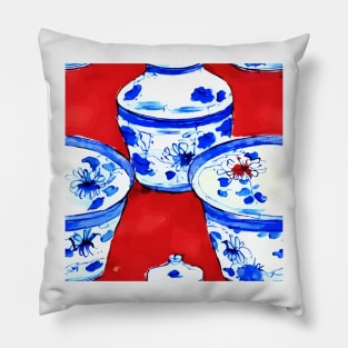 Blue and white chinoiserie bowls on red background Pillow