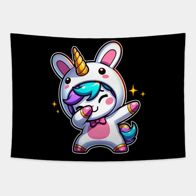 Cute Kawaii Dabbing Unicorn Wearing Easter Bunny Costume Tapestry by Odetee