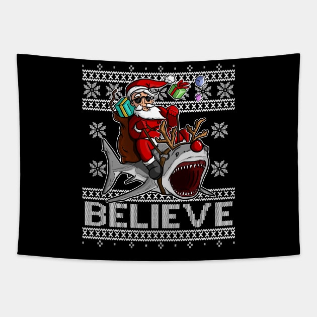 BELIEVE Santa Claus Rudolph the Rednose Shark CHRISTMAS UGLY SWEATER Tapestry by Frontoni