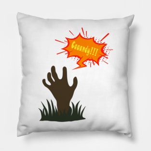 Zombie hand out of the ground asking for candy for Halloween Pillow