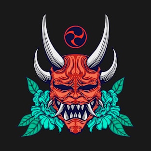 red oni mask with leaves on the back T-Shirt