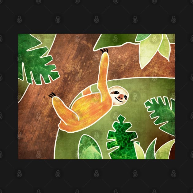 Three-toed Sloth Hanging around in the Jungle. Batik silk painting style. by DragonpupLees