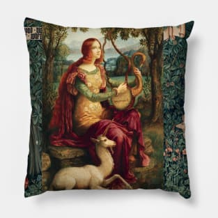 UNICORN AND LADY PLAYING LYRA ,FOREST ANIMALS, FOX ,DOES IN GREEN FLORAL Pillow