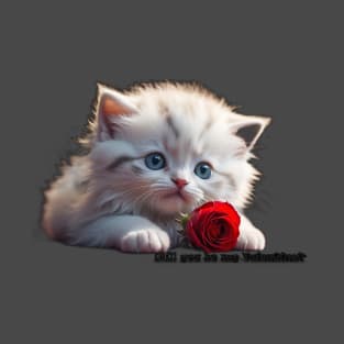 White kitty Valentine with red rose. AI generated image T-Shirt