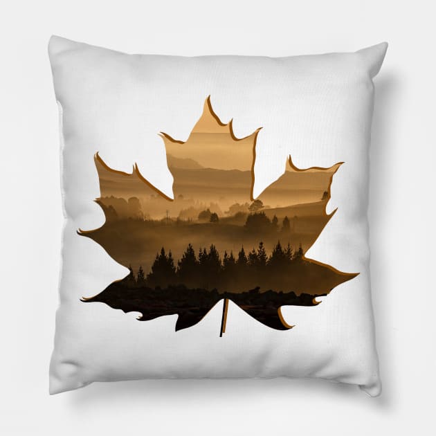 Maple Leaf Silhouette Lanscape Foggy Forest Pillow by Fersan