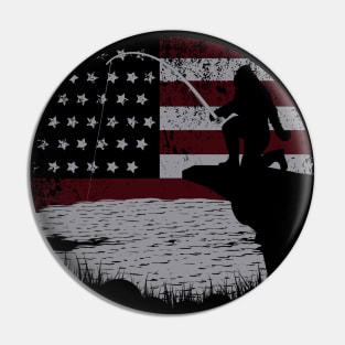 Bigfoot Fishing American Flag Pin