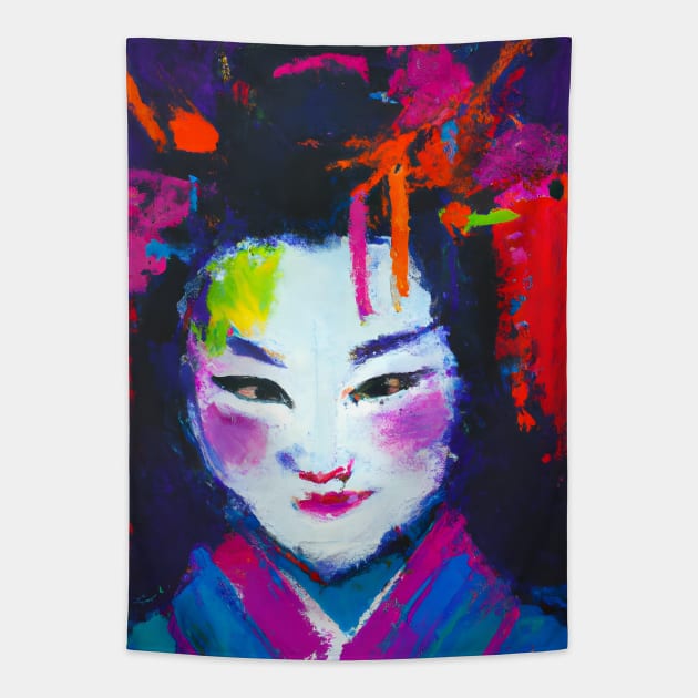 Geisha Girl with red and pink hair ornaments Tapestry by Ravenglow