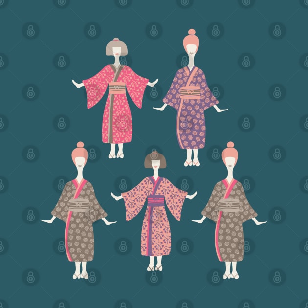 KIMONO LADIES Traditional Japanese Geisha Women in Vintage Palette Pink Purple Warm Gray Blue - UnBlink Studio by Jackie Tahara by UnBlink Studio by Jackie Tahara