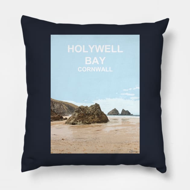Holywell Bay Cornwall. Cornish gift. Travel poster Pillow by BarbaraGlebska