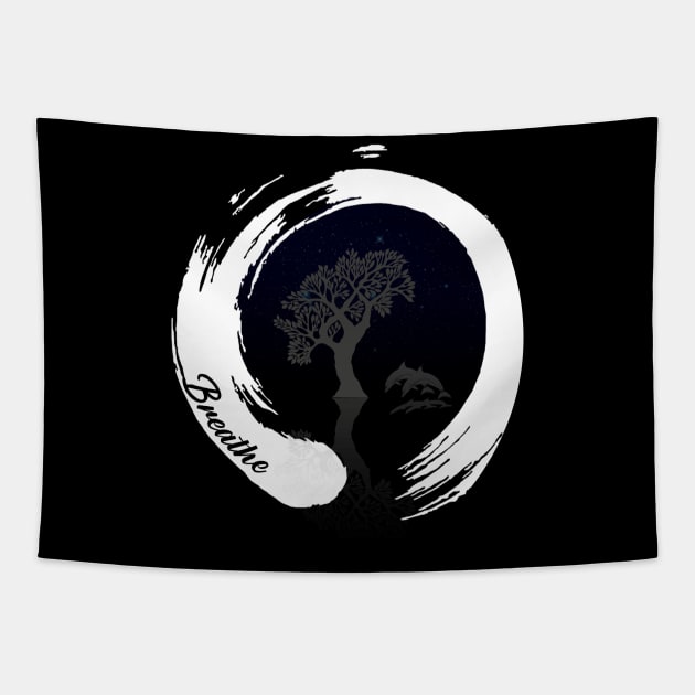 Zen like circle with tree dolphin night sky and text Breathe, yoga Tapestry by CHNSHIRT