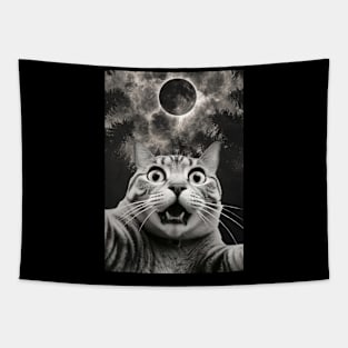 Funny cat selfire with total solar eclipse in forest 2024 Tapestry