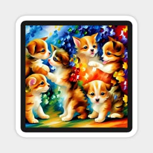 Colorful Puppies and Kitten Playing Magnet